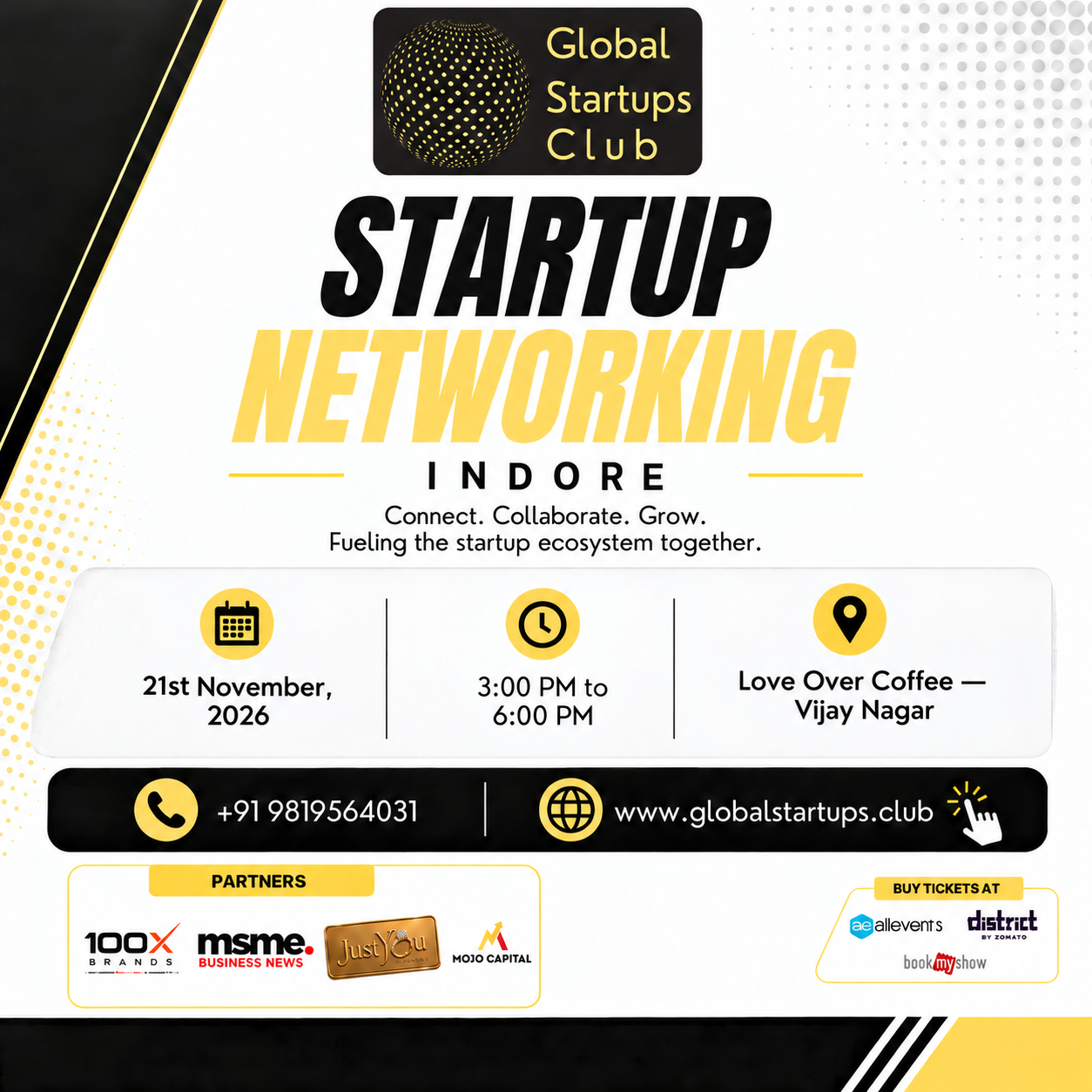 Indore Startup Networking square flyer for Saturday, 21 November 2026